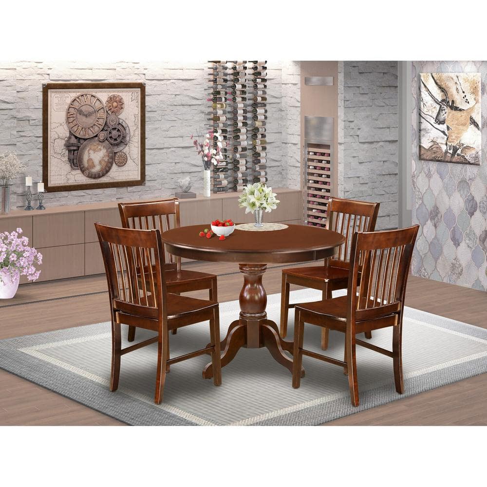 5-Piece Mahogany Finish Solid Wood Top Dining table with 4 Chairs with Lattice Back