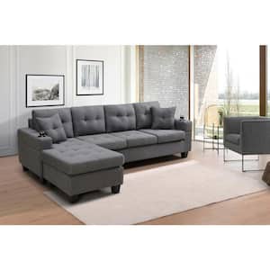 96 in. Square Arm Polyester Straight Sofa in Gray