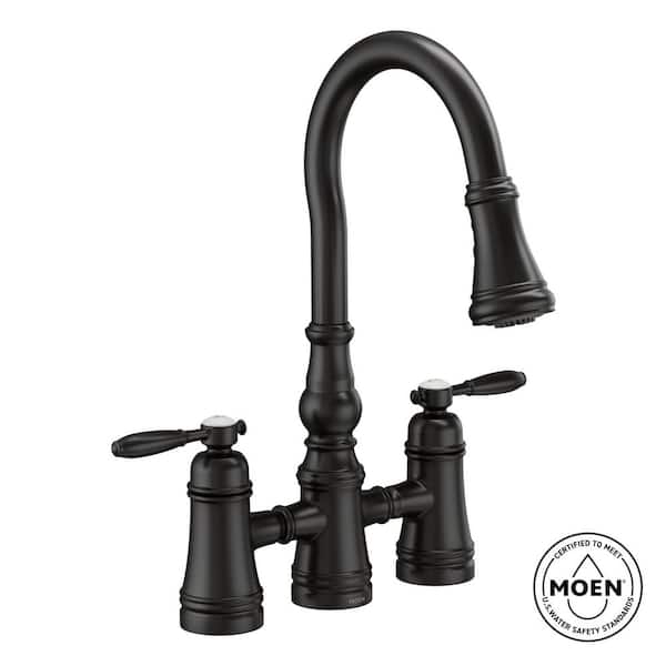 MOEN Weymouth 2-Handle High-Arc Bridge Kitchen Faucet with Power Boost in Matte Black