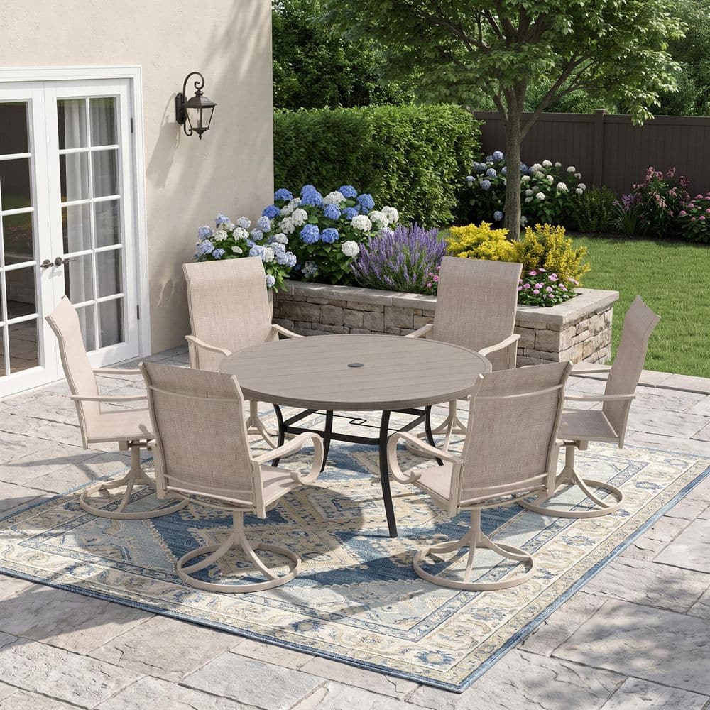 7-Piece Metal Outdoor Dining Set with 53 in. Gray Wood-Like Round Table and 6 Sandshell 360° Swivel Textilene Chairs price history on PriceWatchPro