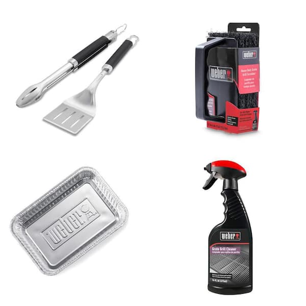 Gas Grill Accessory Bundle with Grill Cleaner, Grate Scrubber, Drip Pans and Tongs/Spatula Set