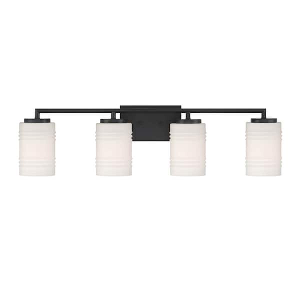 Designers Fountain Leavenworth 33 in. 4-Light Matte Black Transitional Vanity Light with Etched Glass Shades