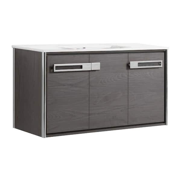 FINE FIXTURES Oakville 42 in. W x 18 in. D x 23.25 in. H Wall Mounted Bathroom Vanity in Black Coal Oak with White Ceramic Sink Top