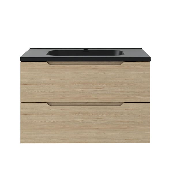 32 in. Wall-Mounted Evita Oak Bath Vanity with Black Quartz sand Top Assembled