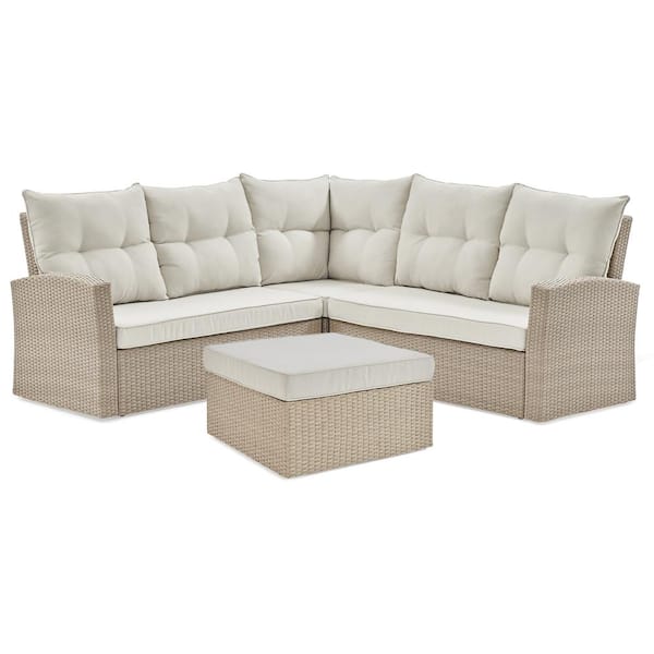 Alaterre Furniture Canaan All-Weather Wicker Outdoor Seating Set with Double Loveseat with Large Ottoman