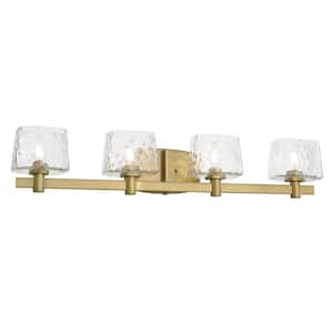 Drysdale 32 in. 4-Light Soft Brass Vanity Light with Clear Hammered Glass Shades
