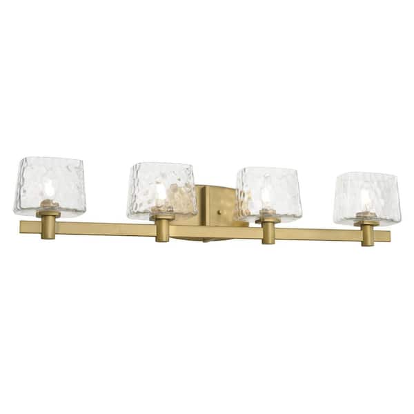 Minka Lavery Drysdale 32 in. 4-Light Soft Brass Vanity Light with Clear Hammered Glass Shades