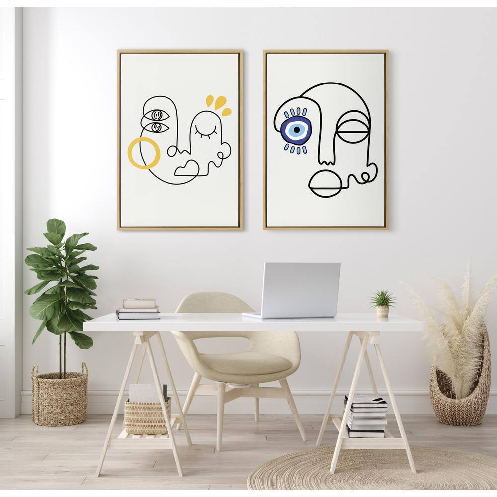 Abstract Black and Yellow Line Drawing on Canvas with Natural Frame