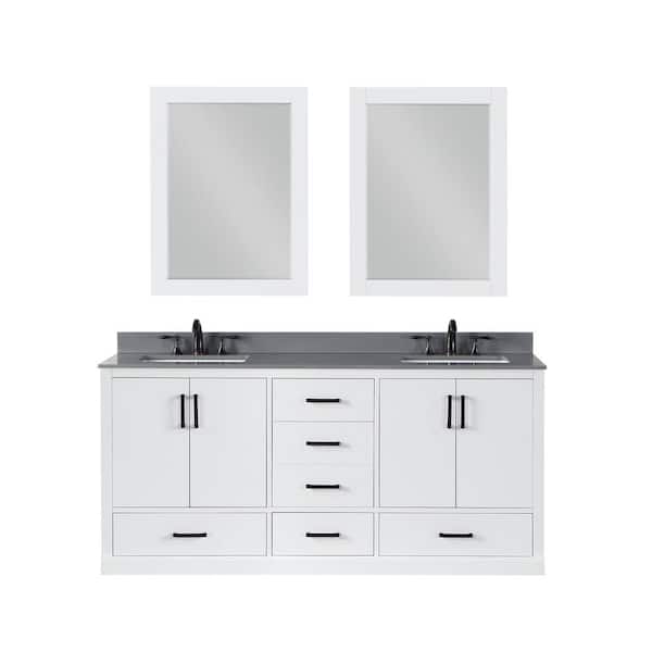 Altair Monna 72 in. W x 22 in. D x 34 in. H Double Sink Bath Vanity in White with Grey Composite Stone Top and Mirror