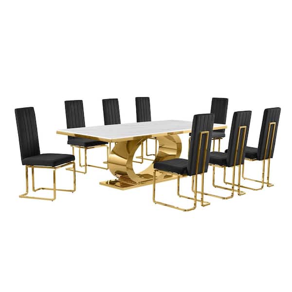 Best Quality Furniture Ibraim 9-Piece Rectangle White Marble Top Gold Stainless Steel Dining Set with 8 Black Velvet Gold Chrome Iron Chair