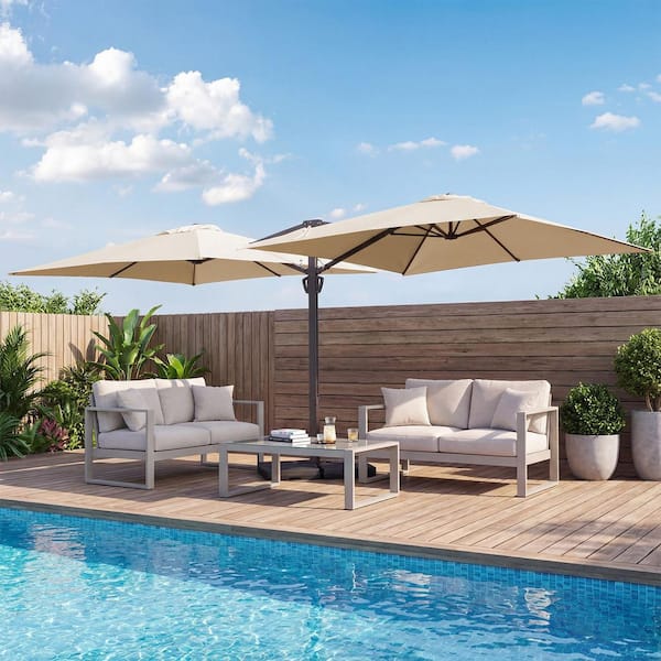 double wide patio umbrella JEAREY 10 ft. X 10 ft. Double-Sided Aluminum Cantilever Patio Umbrella With Base and Tilt in Beige