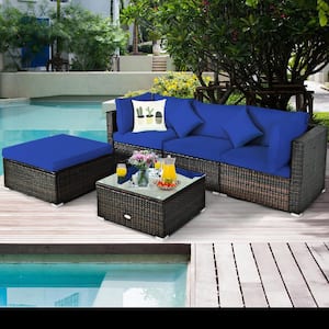 8-Piece Wicker Patio Conversation Seating Sectional Set with Storage Box &Coffee Table and Navy Cushions