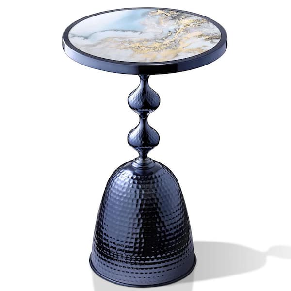 Knoll 15.75 in. Boho Polished Blue Metal Round Faux Marble Top End Table