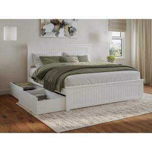 Nantucket White Solid Wood Frame King Platform Bed with Matching Footboard and Storage Drawers