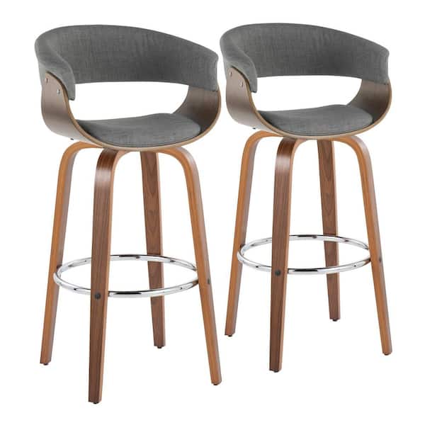Lumisource Vintage Mod 29 in. Light Grey Fabric, Walnut Wood and Chrome Metal Fixed-Height Bar Stool Round Footrest (Set of 2)