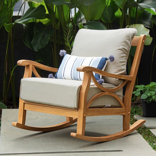 Cambridge Casual Kinsley Teak Wood Outdoor Rocking Chair with Beige Cushion