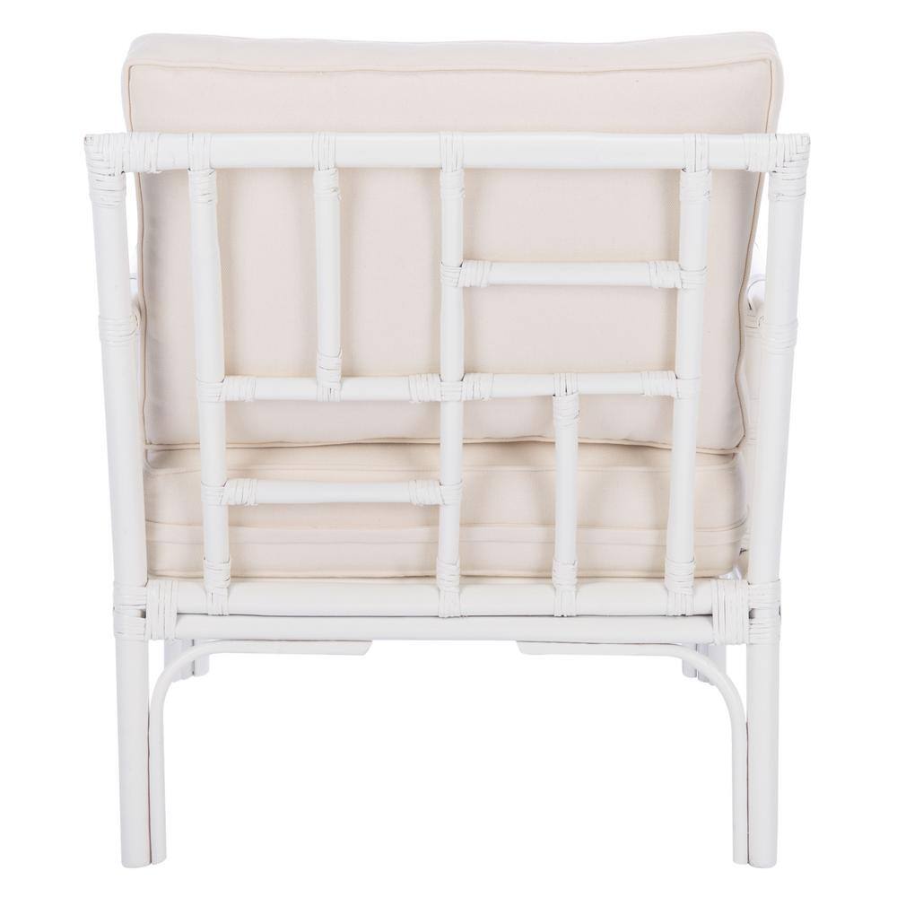 Chinoiserie-Chic White Rattan Accent Chair with Plush Cushion