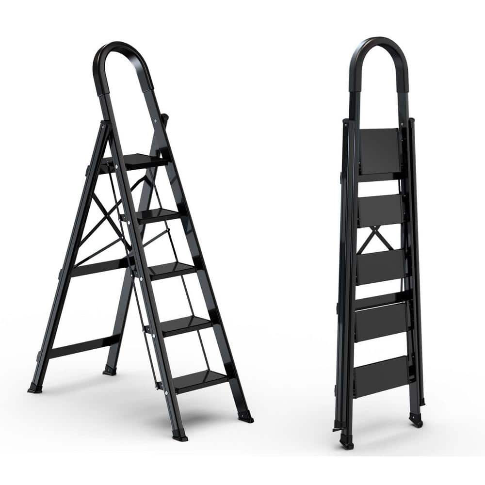 330 lb. Aluminum Black 5 Step Ladder, Portable Folding Step Ladder with Han
