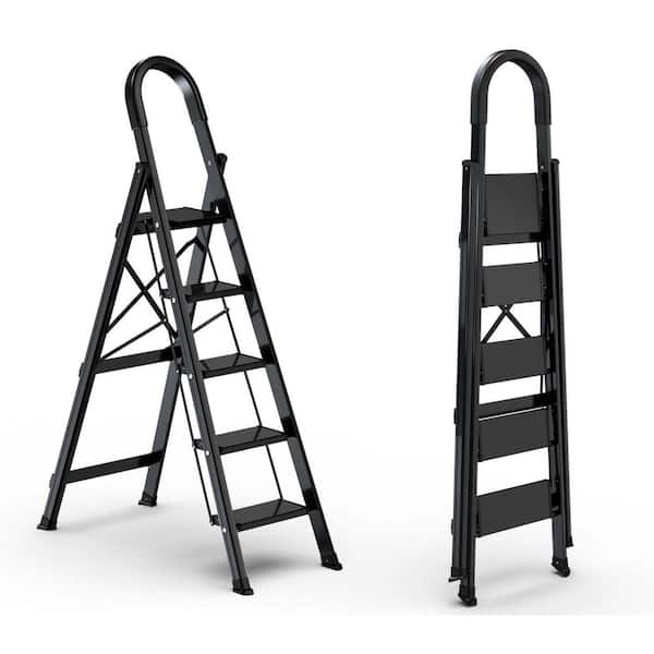 Angel Sar 330 lb. Aluminum Black 5 Step Ladder, Portable Folding Step ...