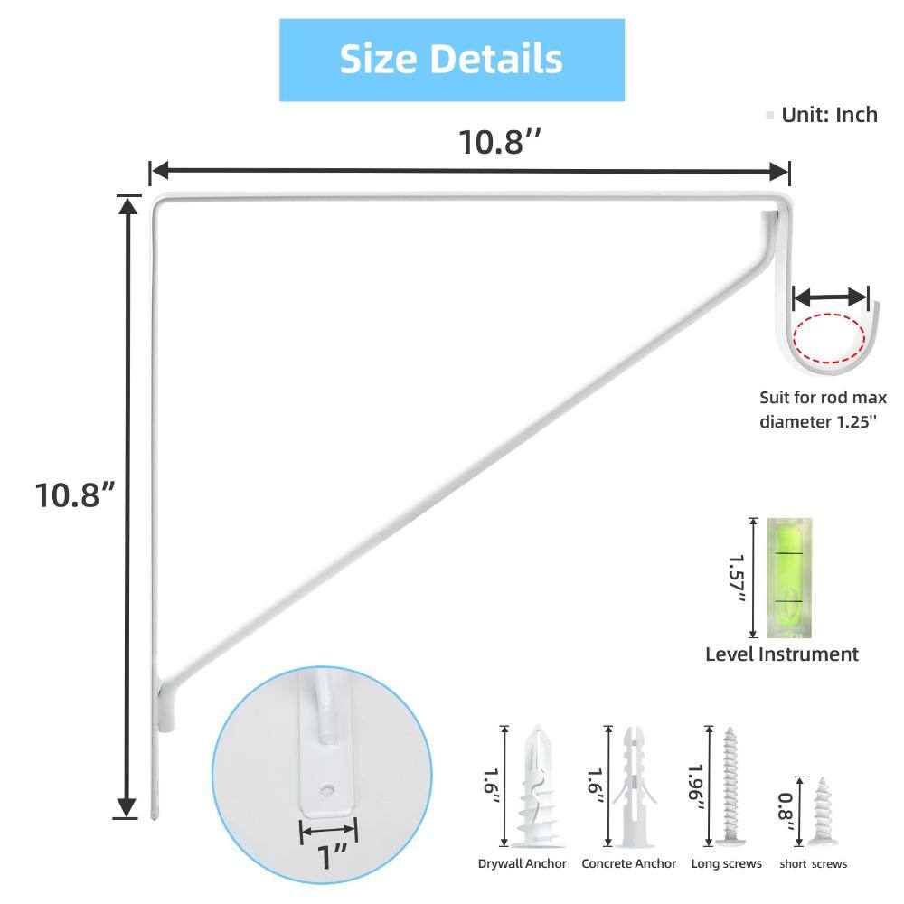 Size details and hardware measurements for the shelf bracket.