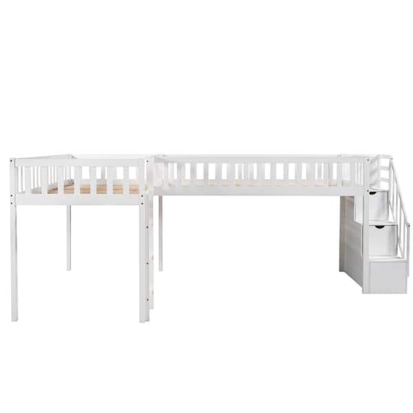 Unbranded White L-Shaped Twin Size Loft Bed with Staircase and Ladder