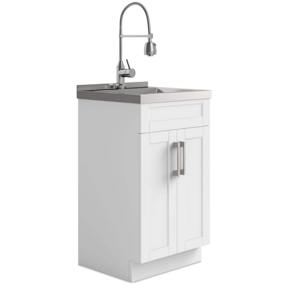 White 20 Inch Laundry Cabinet with Stainless Steel Sink and Faucet