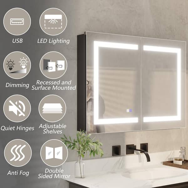 ExBrite 36 in. W x 26 in. H Rectangular Silver Aluminum Recessed/Surface Mount Dimmable Medicine Cabinet with Mirror LED