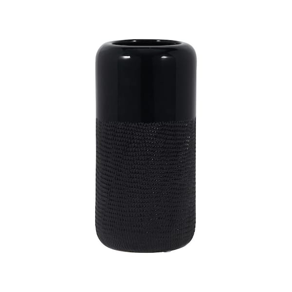 Liv & Skye 10 in. Black Stoneware Cylinder Grooved Decorative Vase