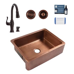 Lange 30 in. Farmhouse Apron Undermount Single Bowl 16 Gauge Antique Copper Kitchen Sink with Maren Bronze Faucet Kit