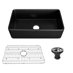 33 in. Farmhouse Apron Front Undermount Single Bowl Black Fireclay Kitchen Sink with Draining Grid