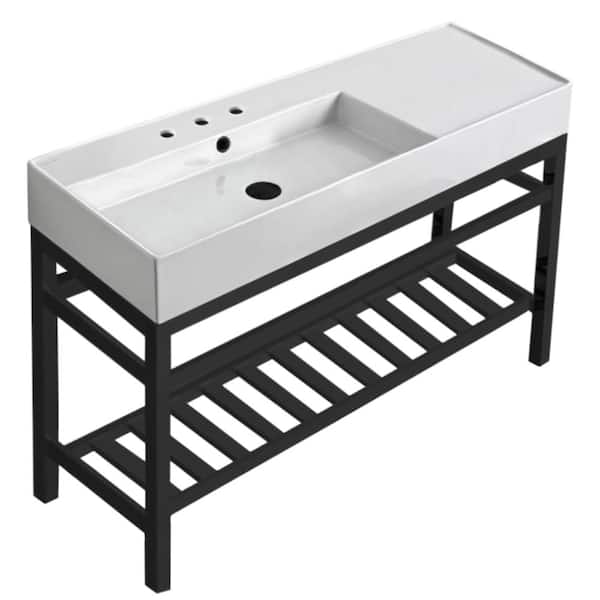 Nameeks Teorema 2-Ceramic White Console Sink and Leg Combo in Matte Black