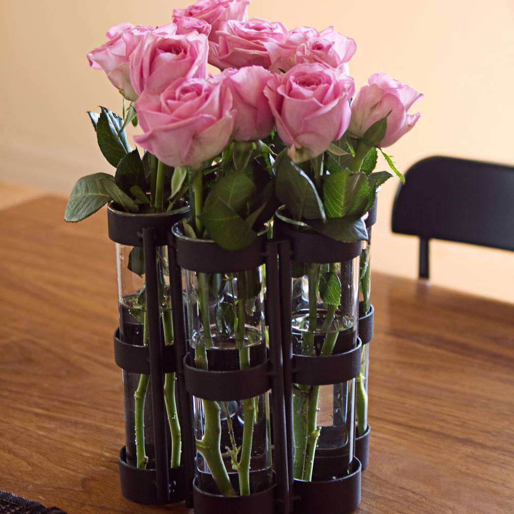 Black Hinged Metal Vase with Six Glass Tubes