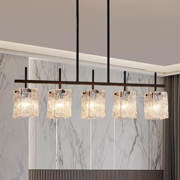 38.25 in. 5-Light Black Linear Glam Island Pendant Light Fixture with Glass Shade