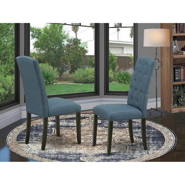 East West Furniture Black, Parson Dining Room Chairs-Button Tufted Mineral Blue Linen Fabric Padded Chairs (Set Of 2)