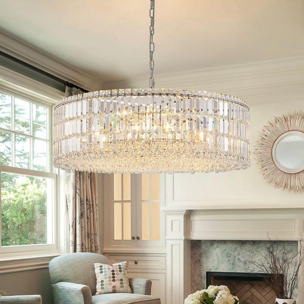12-Lights Modern Drum Glam Dimmable Crystal Chandelier Round Kitchen Island Light - W31.5\, image size:1000x1000