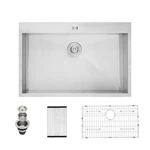 28 in. Drop-in/Topmount Single Bowl 18 Gauge Brushed Nickle Stainless Steel Kitchen Sink with Bottom Grid