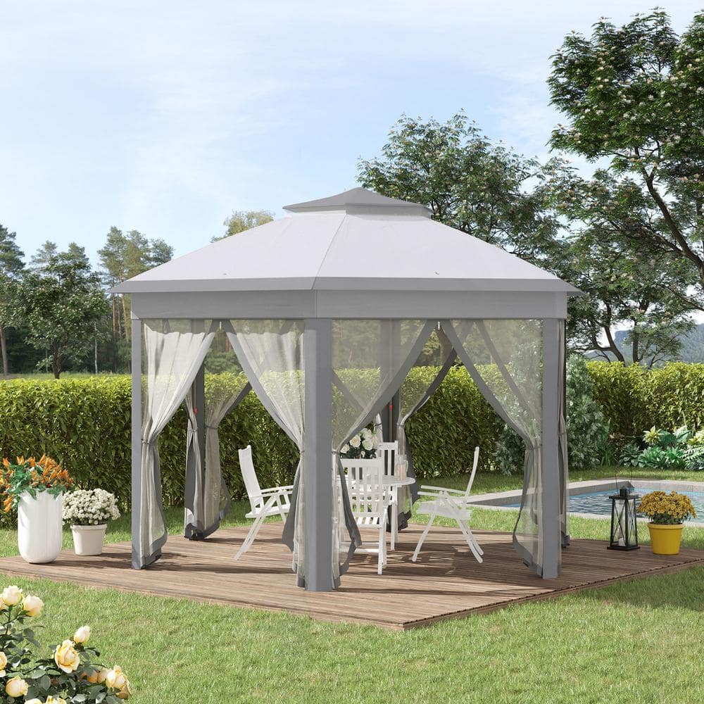 Gray Steel Hexagonal Pop-Up Gazebo with Mesh Netting
