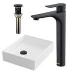 VC-503-WH Valera 16" Vitreous China Vessel Bathroom Sink in White with Faucet and drain in Matte Black