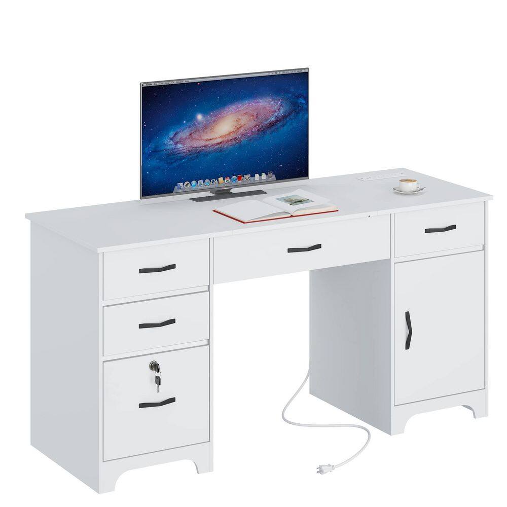 59" Rectangular White Executive Desk with Lockable File Drawer and Power Outlet, Office Desk with 2-in-1 Keyboard Drawer