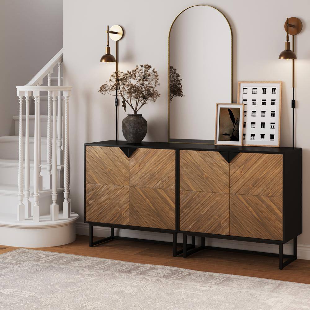 Matte Black and Fir Wood Freestanding Storage Cabinet with Adjustable Shelves