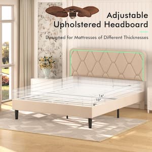 Upholstered Bed Full Smart LED Bed Frame with Adjustable Beige Headboard, Platform Bed with Solid Wood Slats Support