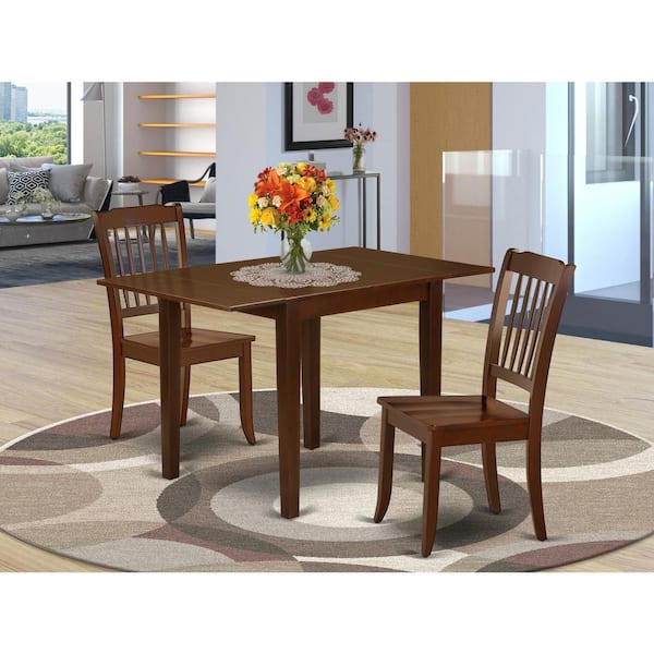 East West Furniture 3-Piece Mahogany Finish Solid Wood Top Dining Table Set