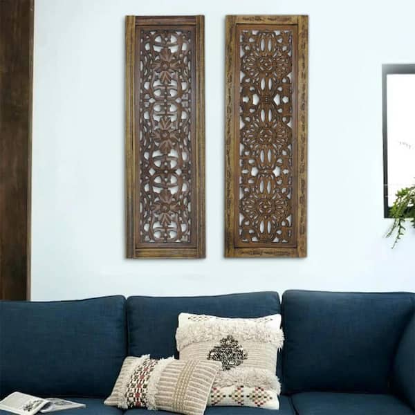 Benjara Floral Hand Carved Brown Wooden Wall Panels, Assortment of Two