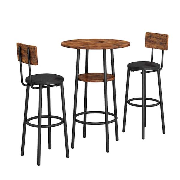 mieres Industrial Style 3 Pieces Round Rustic Brown Wooden Top Bar Table Set with Two Faux Leather Upholstered Stools for Two