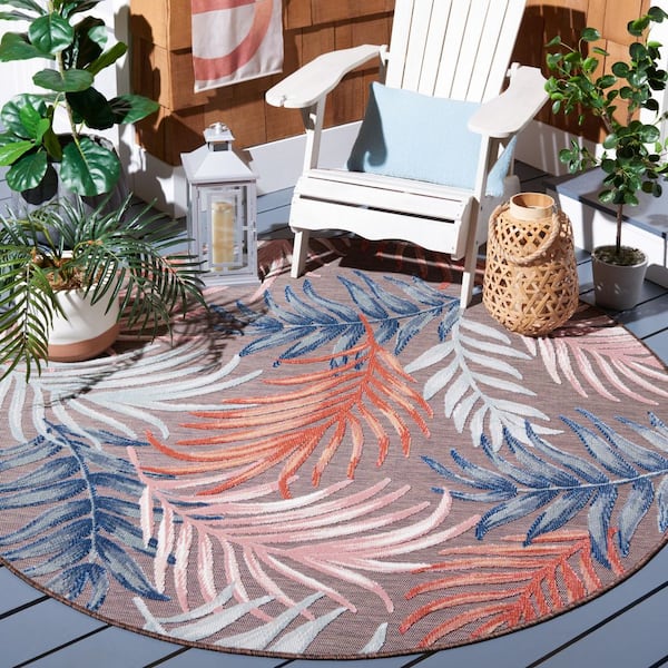 Cabana Brown/Blue 6 ft. x 6 ft. High-Low Abstract Leaf Indoor/Outdoor Round Area Rug