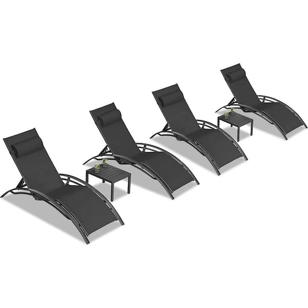 Patio Aluminum Outdoor Chaise Lounge Set Beach Pool Sunbathing Lawn Lounger Chair Side Table Included (Set of 4)