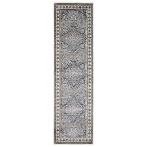 Edgewater Blue/Gray 2 ft. x 8 ft. Traditional Center Oriental Medallion Polyester Indoor Runner Area Rug