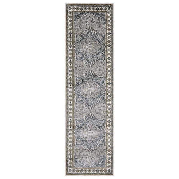 AVERLEY HOME Edgewater Blue/Gray 2 ft. x 8 ft. Traditional Center Oriental Medallion Polyester Indoor Runner Area Rug