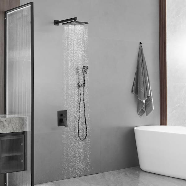 Rainfall Single Handle 2-Spray 9 in. Square Shower Faucet 2.5 GPM with High Pressure in. Matte Black (Valve Included)