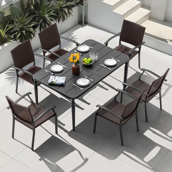 Black 7-Piece Metal Wicker Rectangle Outdoor Dining Set with Umbrella Hole, Ergonomic Design